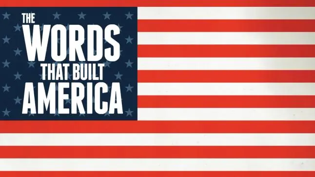 Graphic of USA flag with text The Words That Built America overtop the stars section
