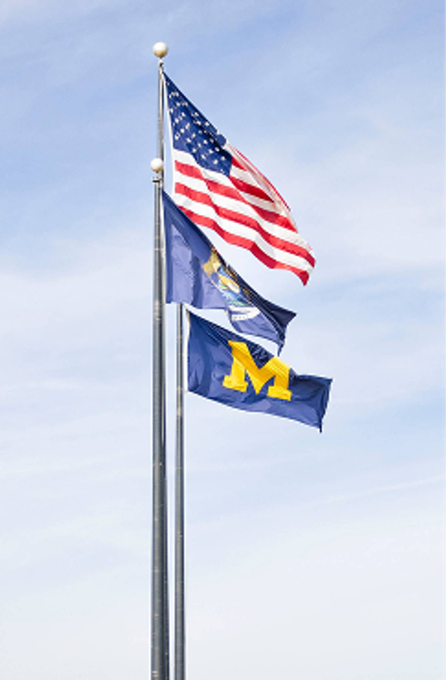 US, Michigan and University of Michigan flags