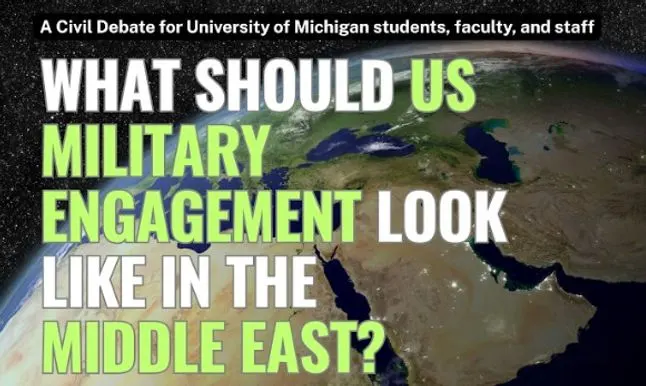 A graphic including the globe in the background, and the text "What Should US Military Engagement Look like in the Middle East"