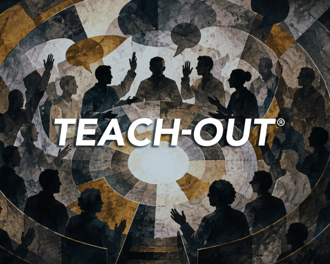 graphic showing silhouettes of people engaging with text TEACH-OUT over top