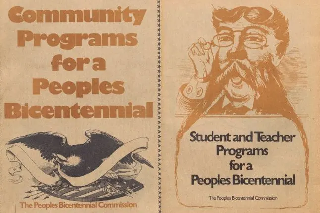 Program flyer shows vintage eagle with scroll in beak and caricature of man with mustache